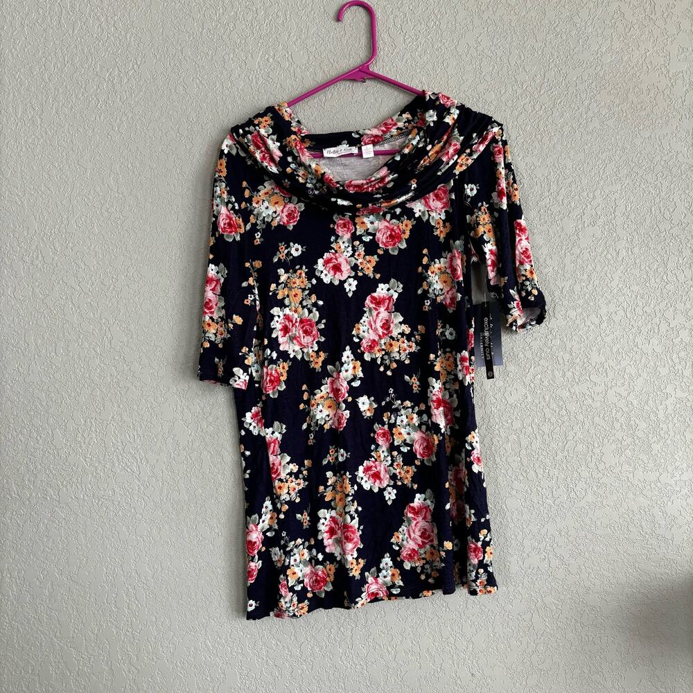 Flutter and Kick Maternity Shirt Large Blue Pink Floral Cowl Neck 3/4‎ Sleeve